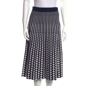 Tory Burch Knit Jacquard Pleated Midi Skirt T Monogram Logo Sport Navy